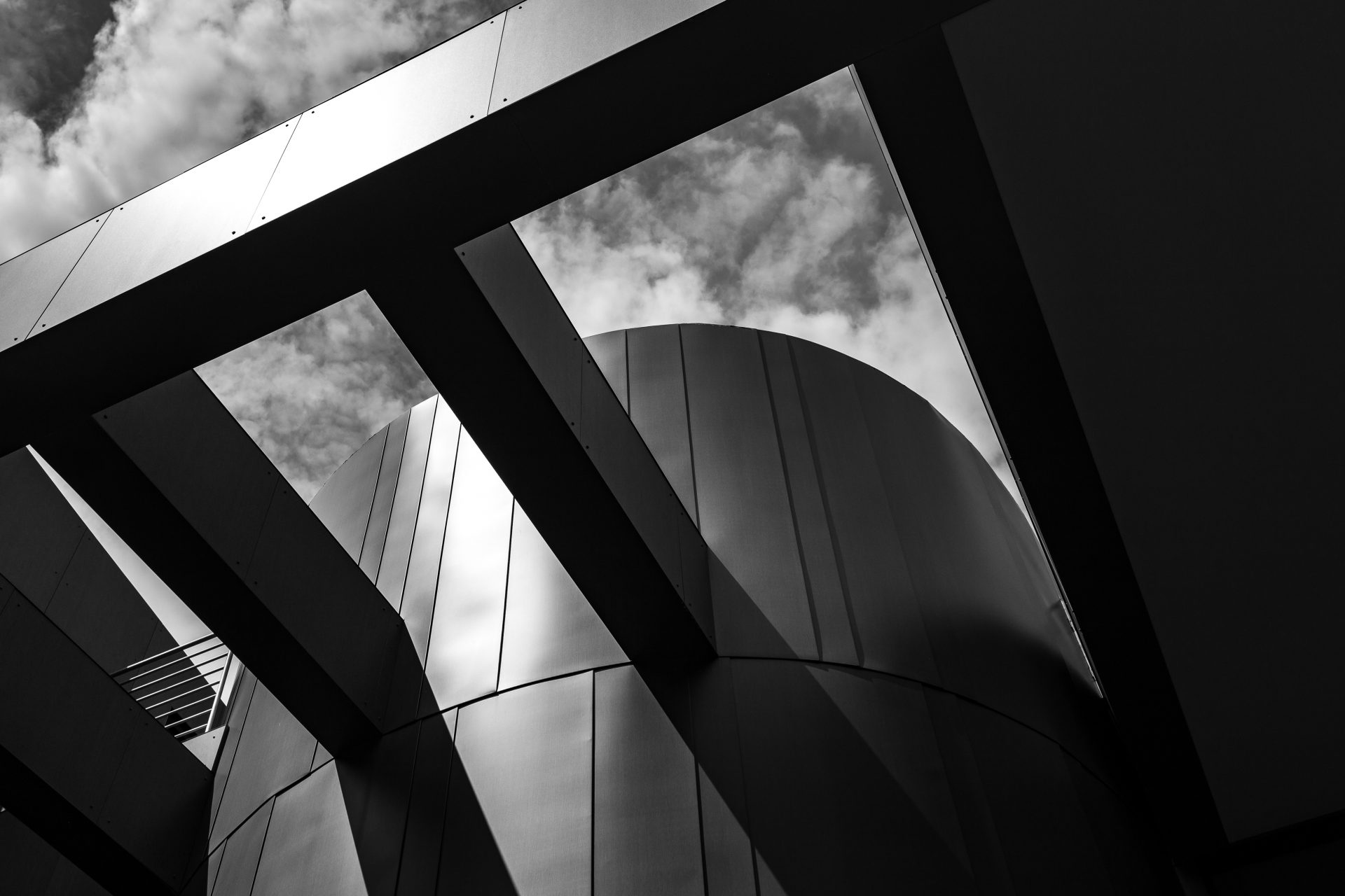 black and white, modern, abstract, design, architecture, contrast, shadows, angle, angles, curves, metal