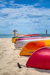 Kayaks on a beach vacation, boat, kayak, beach, sun, sand, summer, outdoor, activities, colorful, recreation, vacation