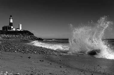 Lighthouse, beach, wave, crash, black and white, rocky, ocean, Montauk