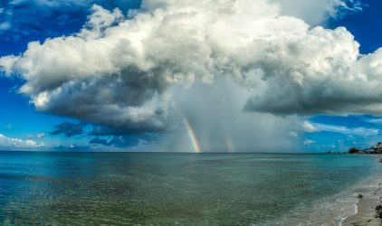 panoramic, landscape, beach, ocean, surf, sea, vacation, carribean, tropical, island, rainbow, storm, clouds, rain, sky, double rainbow