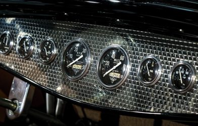 Machine turned dash on a 1932 Ford Roadster Hot rod, classi car, custom car, gauges, dash, dashboard, metal, machine turned, chrome, shine, shiny, classic