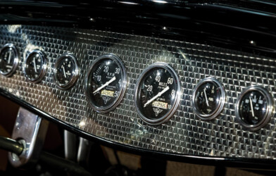 Machine turned dash on a 1932 Ford Roadster Hot rod, classi car, custom car, gauges, dash, dashboard, metal, machine turned, chrome, shine, shiny, classic